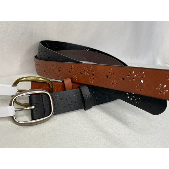 Jessica Simpson Belts Faux Leather Perforated Floral Black & Tan Size Small - Picture 1 of 8